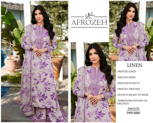 AFROZEH Linen Digital Print 3pc With Patches - D237A