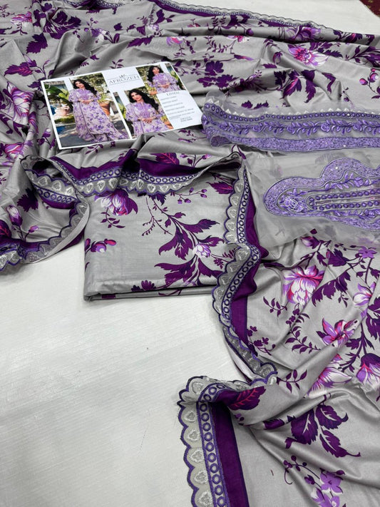 AFROZEH Linen Digital Print 3pc With Patches - D237A