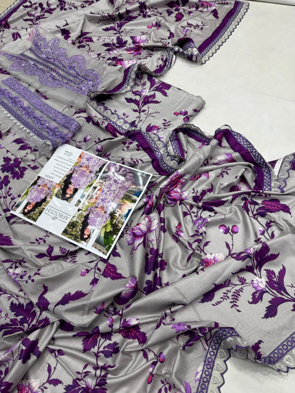 AFROZEH Linen Digital Print 3pc With Patches - D237A