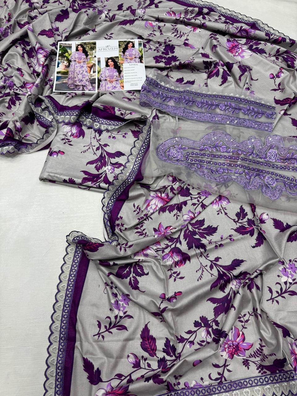 AFROZEH Linen Digital Print 3pc With Patches - D237A