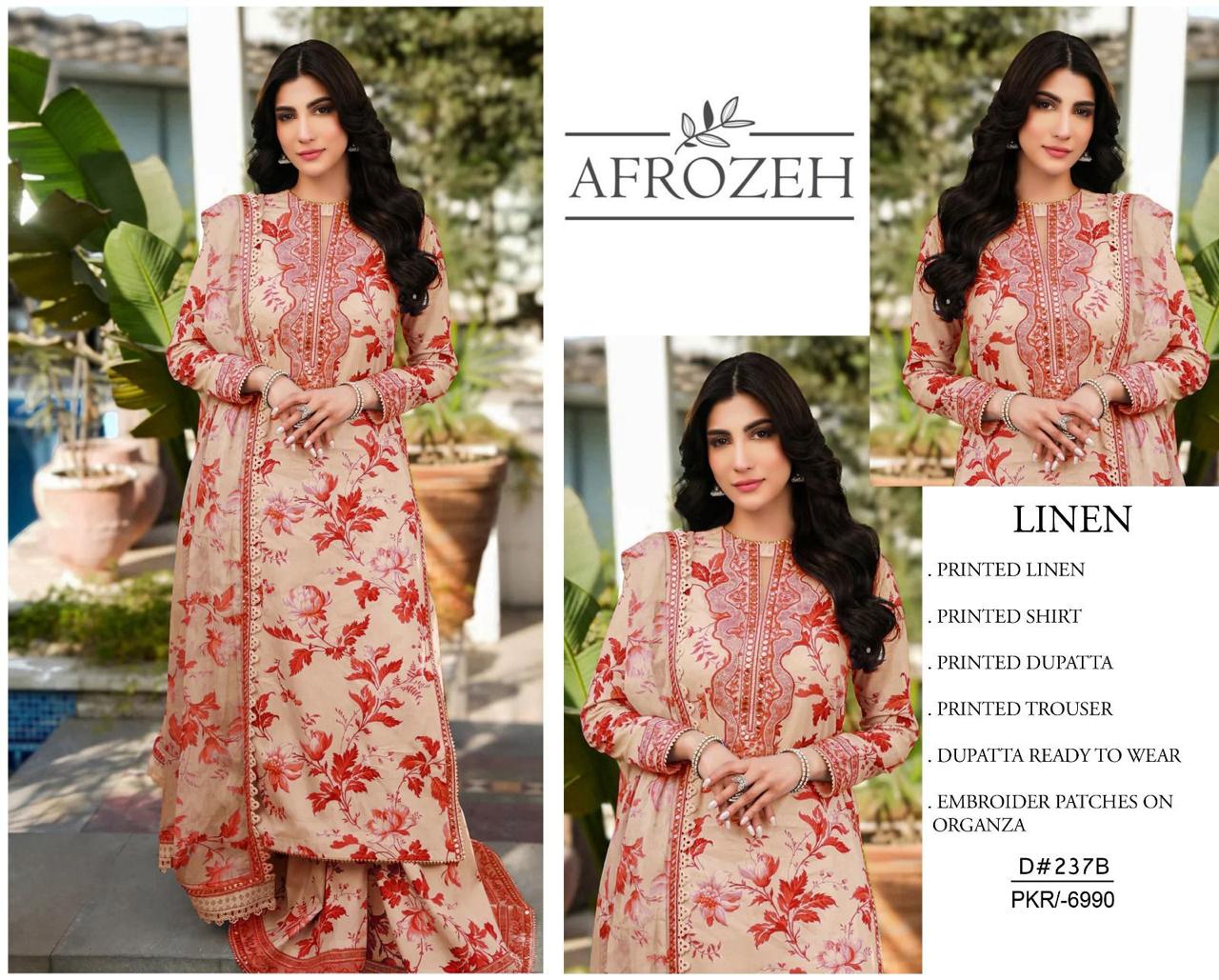 AFROZEH Linen Digital Print 3pc With Patches - D237B