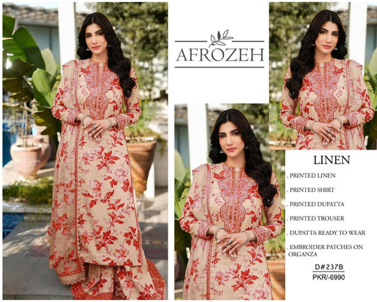 AFROZEH Linen Digital Print 3pc With Patches - D237B