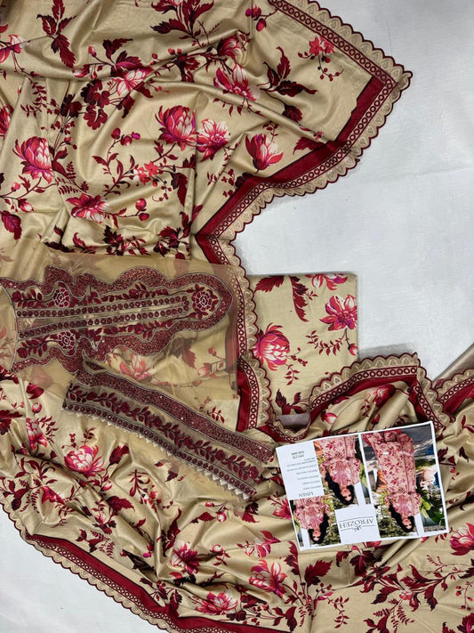 AFROZEH Linen Digital Print 3pc With Patches - D237B