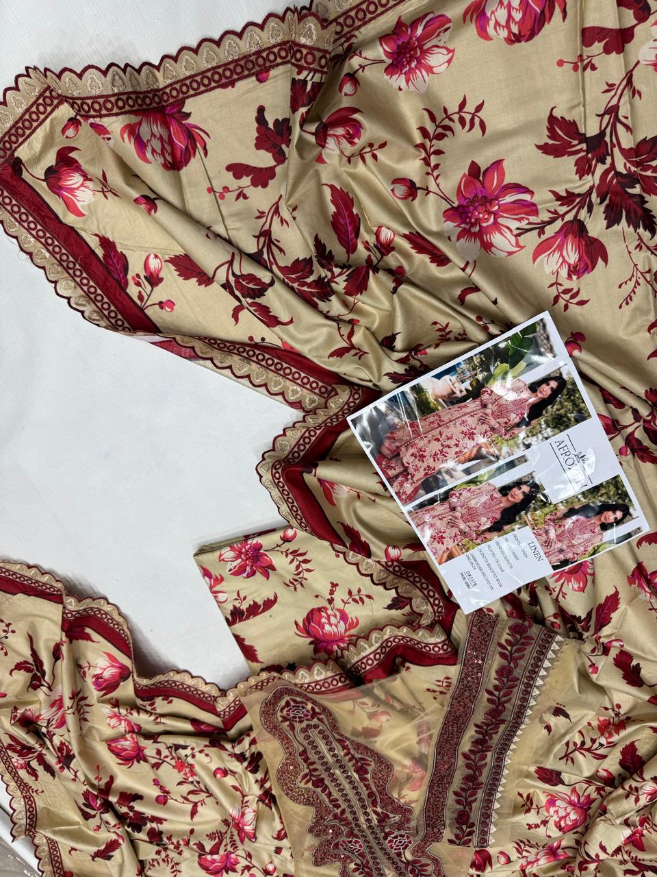 AFROZEH Linen Digital Print 3pc With Patches - D237B