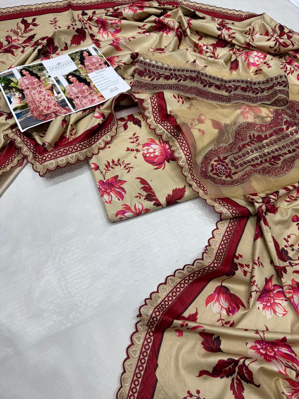 AFROZEH Linen Digital Print 3pc With Patches - D237B